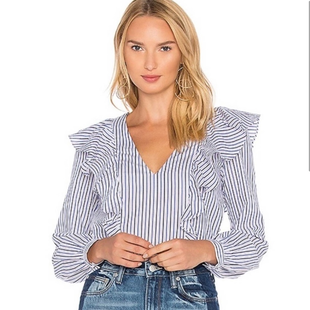 Lovers + Friends striped cotton ruffle trim blouse
